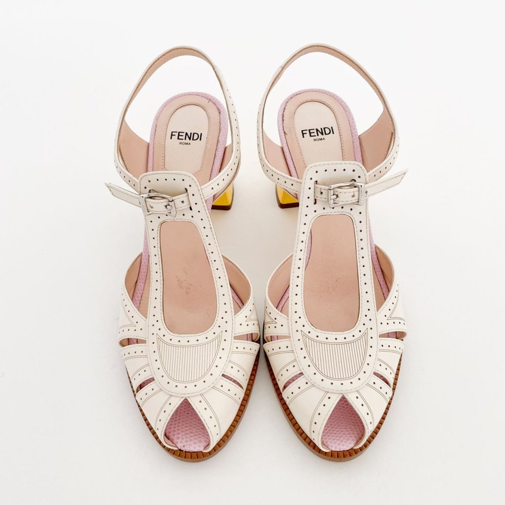 Fendi Chameleon Pumps EU 36 US 6 Cream Yellow Mary Jane Block Mid Heel Sandal - Picture 2 of 13
